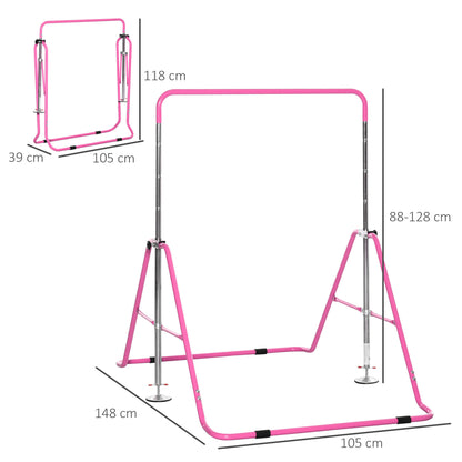 Gymnastics Bar for Kids, Folding Horizontal Bars with Adjustable Height, Training Bar with Triangle Base, Pink