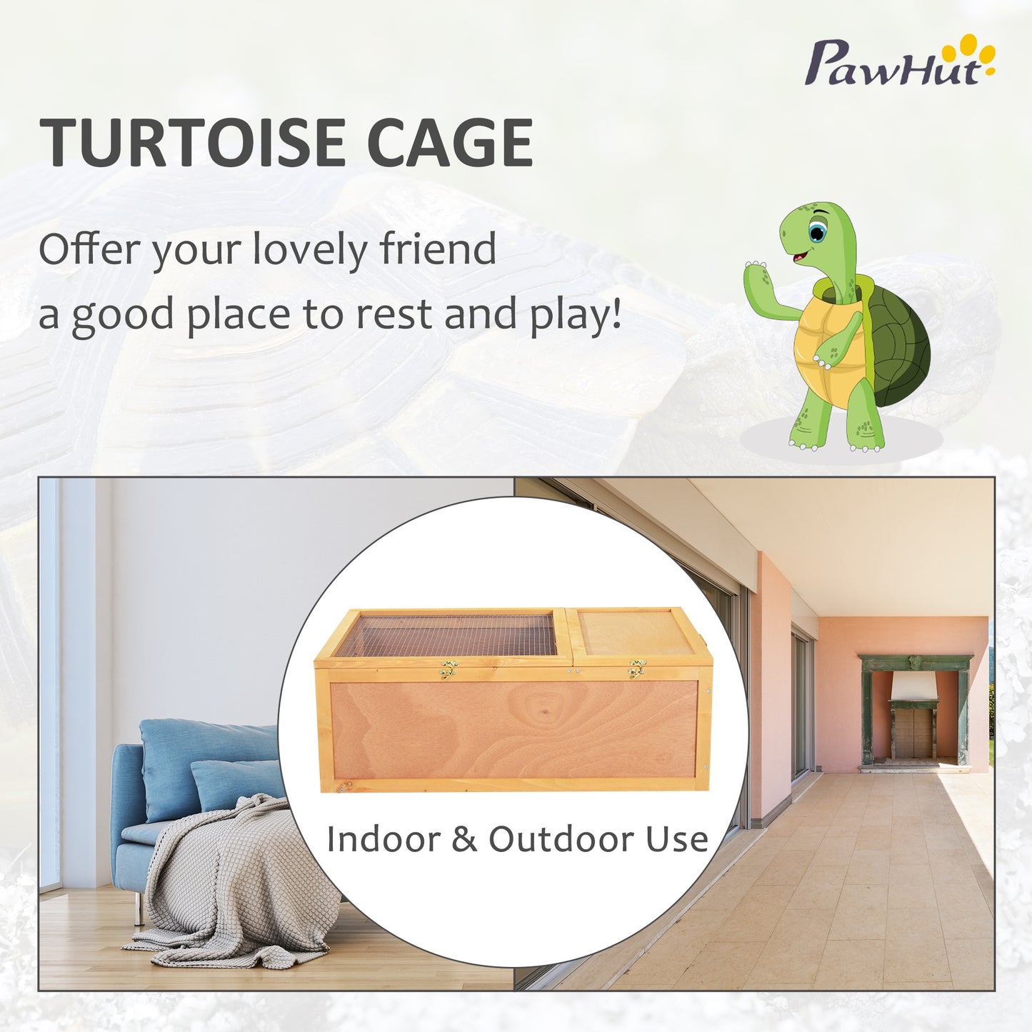 PawHut 94 cm Wooden Tortoise House Turtle Terrarium/ Small Reptile Enclosure with Two Room Design, Natural