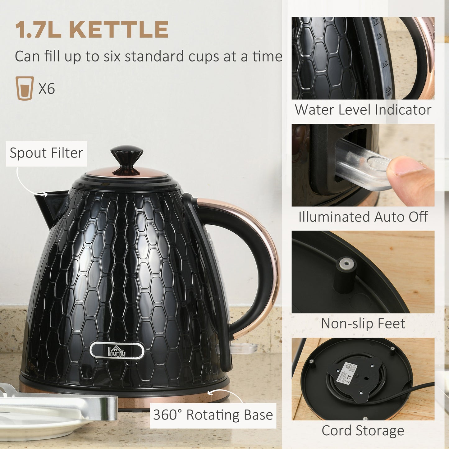 Fast Boil Kettle & 2 Slice Toaster Set, Kettle and Toaster Set with Auto Shut Off, Browning Controls, Black 1.7L 3000W