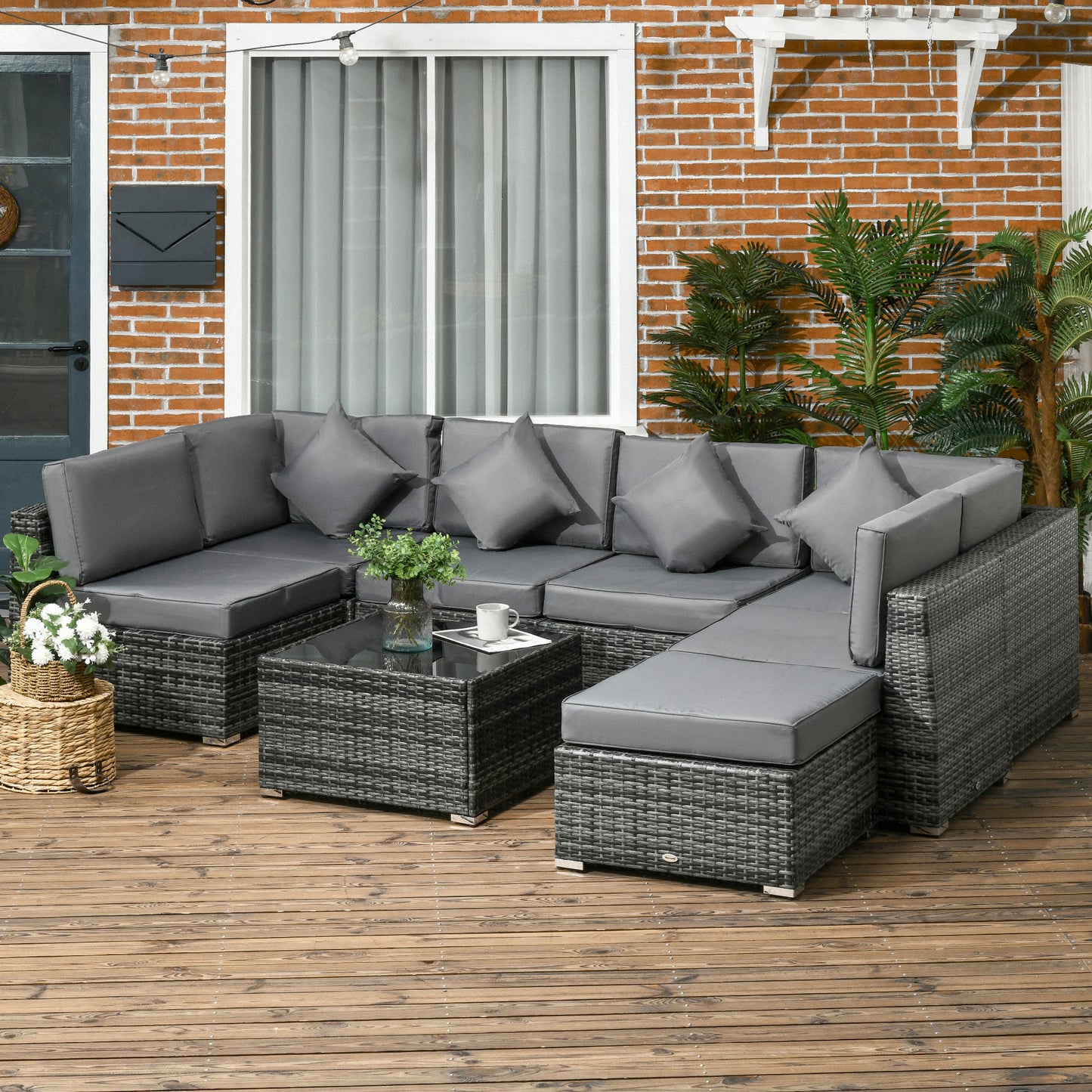 Outsunny 8 Piece PE Rattan Corner Sofa Set Garden Furniture Set Patio Wicker Sofa Seater w/ Cushion Washable Cushion Cover Tempered Glass Table Grey
