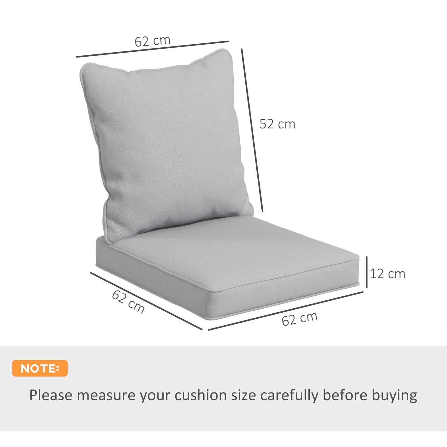 Outsunny 1-Piece Back and Seat Cushion Pillow Replacement, Patio Chair Cushion Set for Indoor Outdoor, Light Grey