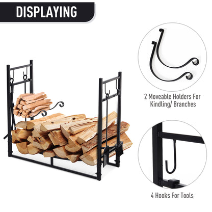 Outsunny Firewood Stand Log Rack Holder 84cm with 4-PC Fireplace Tools Set, Indoor Outdoor, Metal, Black