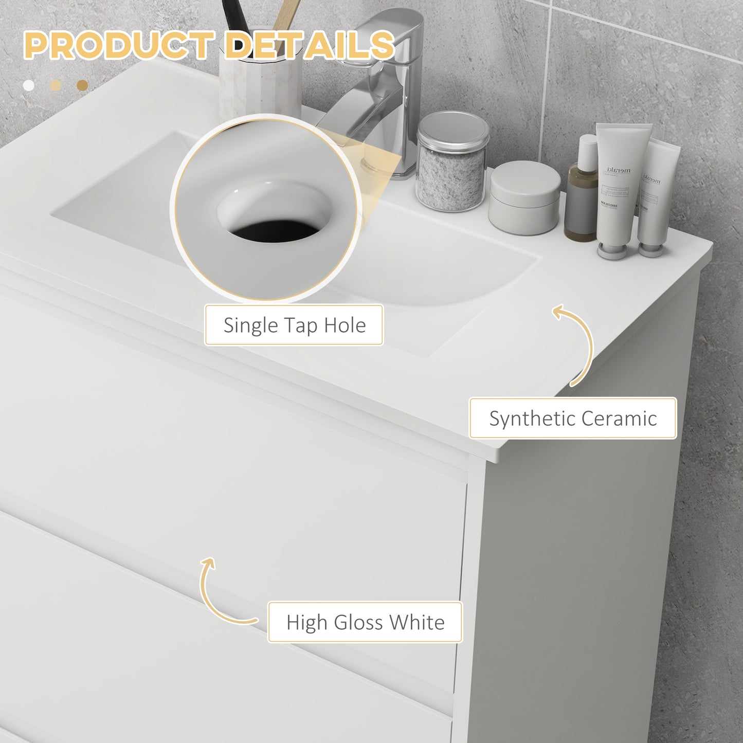 Kleankin 600mm Bathroom Vanity Unit with Basin and Single Tap Hole, High Gloss White Floor Standing Bathroom Sink Unit with 2 Drawers