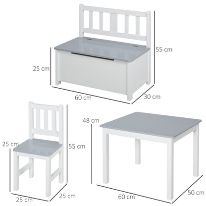 4-Piece Kids Table Set with 2 Wooden Chairs, 1 Storage Bench, and Interesting Modern Design, Grey/White