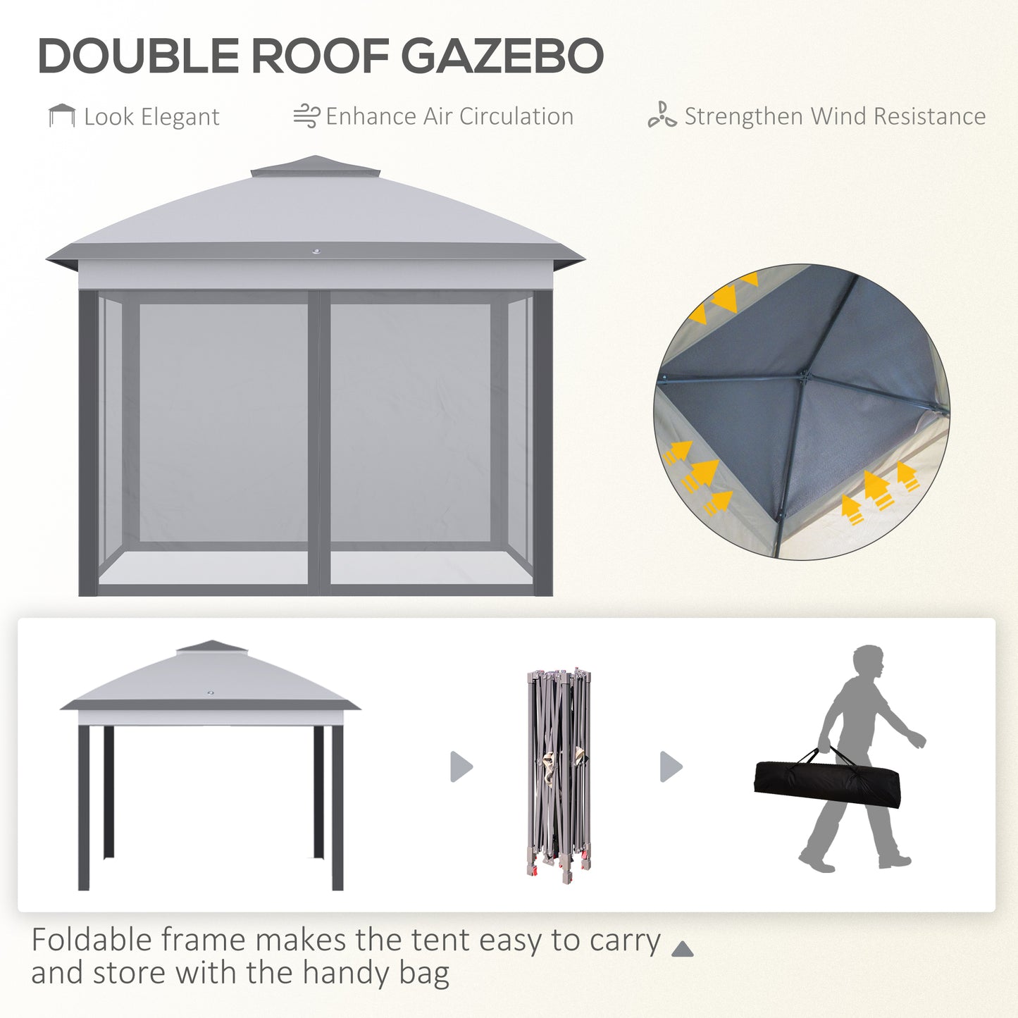 Outsunny 11' x 11' Pop Up Canopy, Double Roof Foldable Canopy Tent with Zippered Mesh Sidewalls, Height Adjustable and Carrying Bag, Event Tent Gray