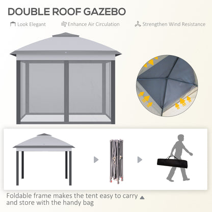 Outsunny 11' x 11' Pop Up Canopy, Double Roof Foldable Canopy Tent with Zippered Mesh Sidewalls, Height Adjustable and Carrying Bag, Event Tent Gray
