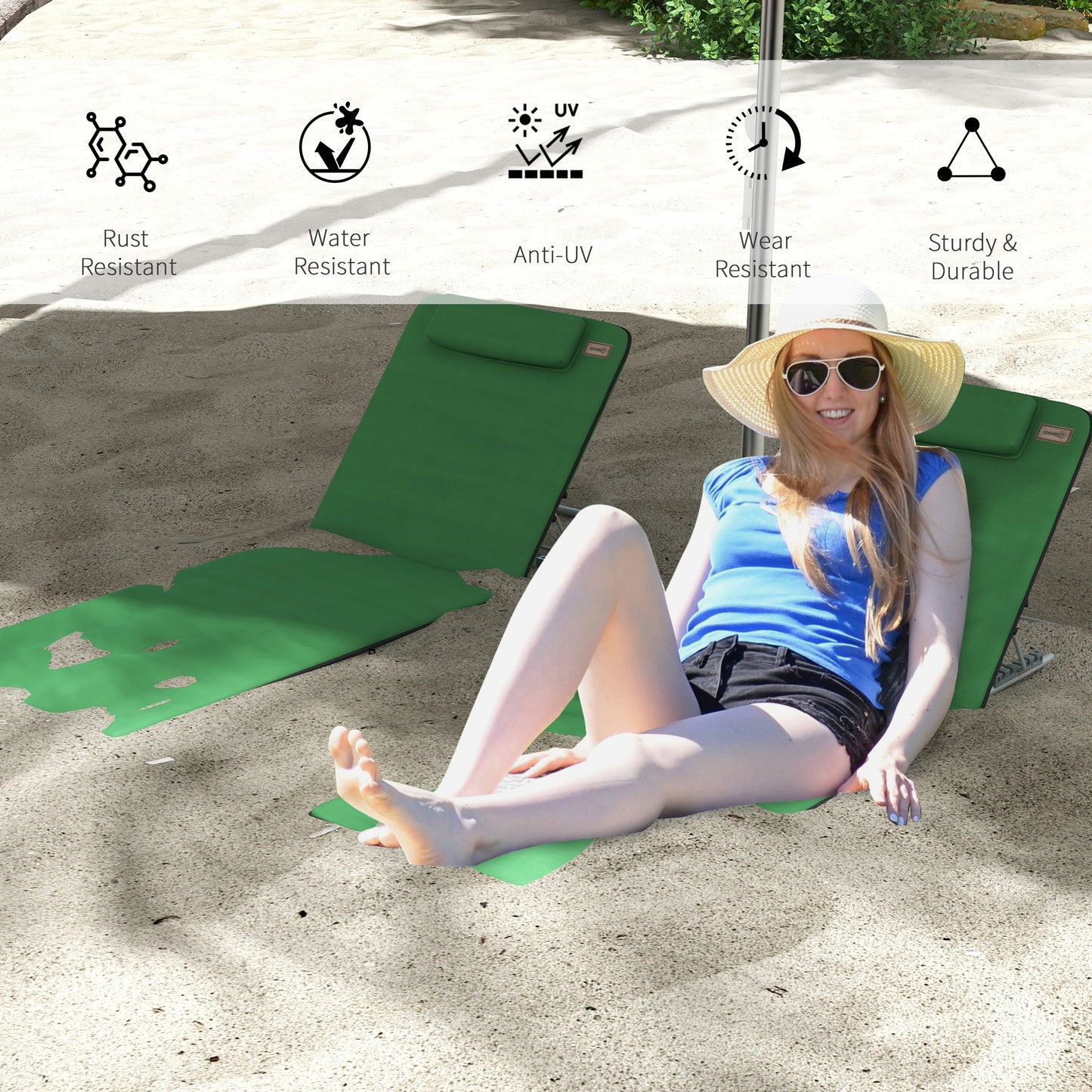 Outsunny Metal Frame PE Fabric 2 Pieces Outdoor Beach Reclining Chair Set w/ Pillow Green