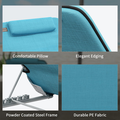 Outsunny Metal Frame PE Fabric 2 Pieces Outdoor Beach Reclining Chair Set w/ Pillow Light Blue