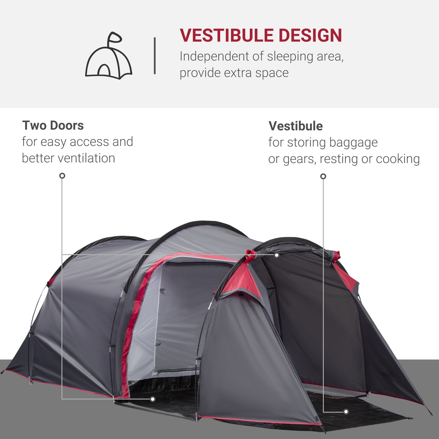 Outsunny Camping Dome Tent 2 Room for 3-4 Person with Weatherproof Screen Room Vestibule Backpacking Tent Lightweight for Fishing & Hiking Dark Grey