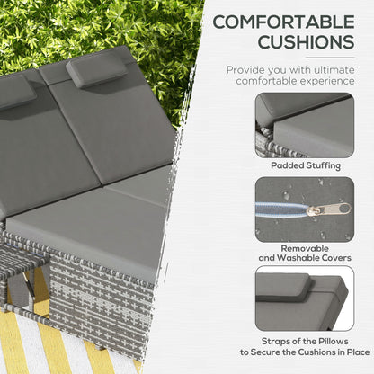 Outsunny 2 Seater Rattan Day Bed With Fire Retardant Cushions Grey