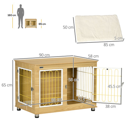 Dog Crate Furniture Side Table | Soft Cushion | Double Doors | Steel Wire Ventilation | Medium & Large Dogs up to 25kg | 90 x 58 x 65cm | Oak Tone & Beige