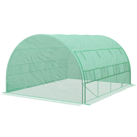 Outsunny Polytunnel Greenhouse Walk-in Grow House Tent with Roll-up Sidewalls, Zipped Door and 8 Windows, 4x3x2m Green