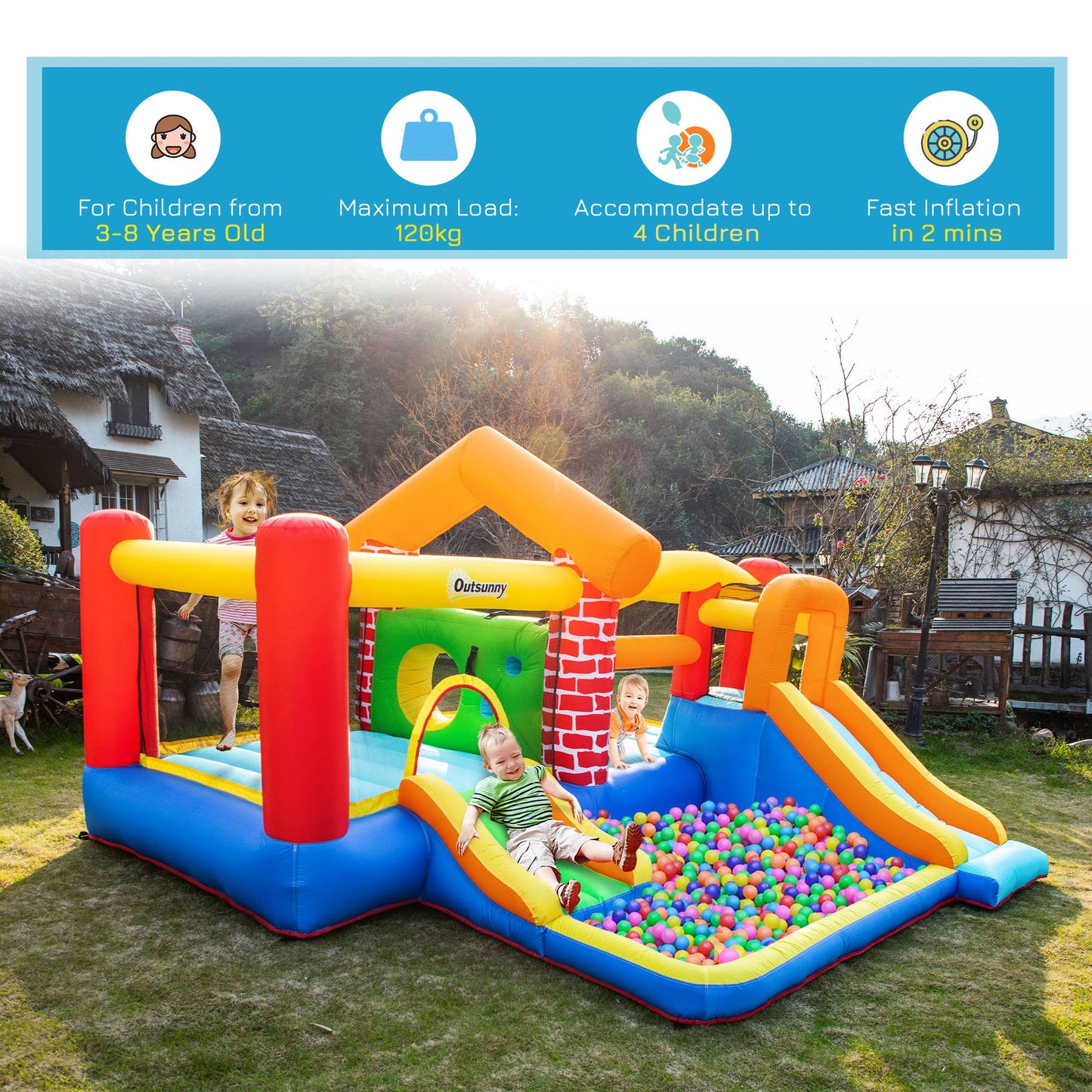 Outsunny 4 in 1 Kids Bounce Castle Extra Large Double Slides & Trampoline Design Inflatable House Pool Climbing Wall for Kids Age 3-8, 3.8x3.7x2.3m