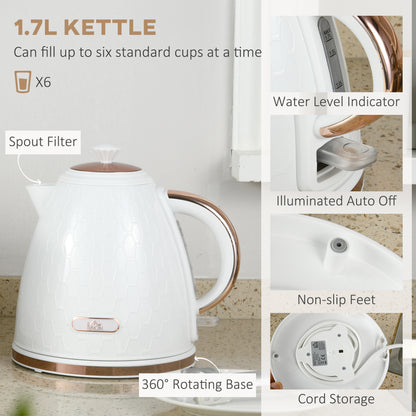 3000W 1.7L Fast Boil Kettle & 4 Slice Toaster Set, Kettle and Toaster Set with 7 Browning Controls, Crumb Tray, White