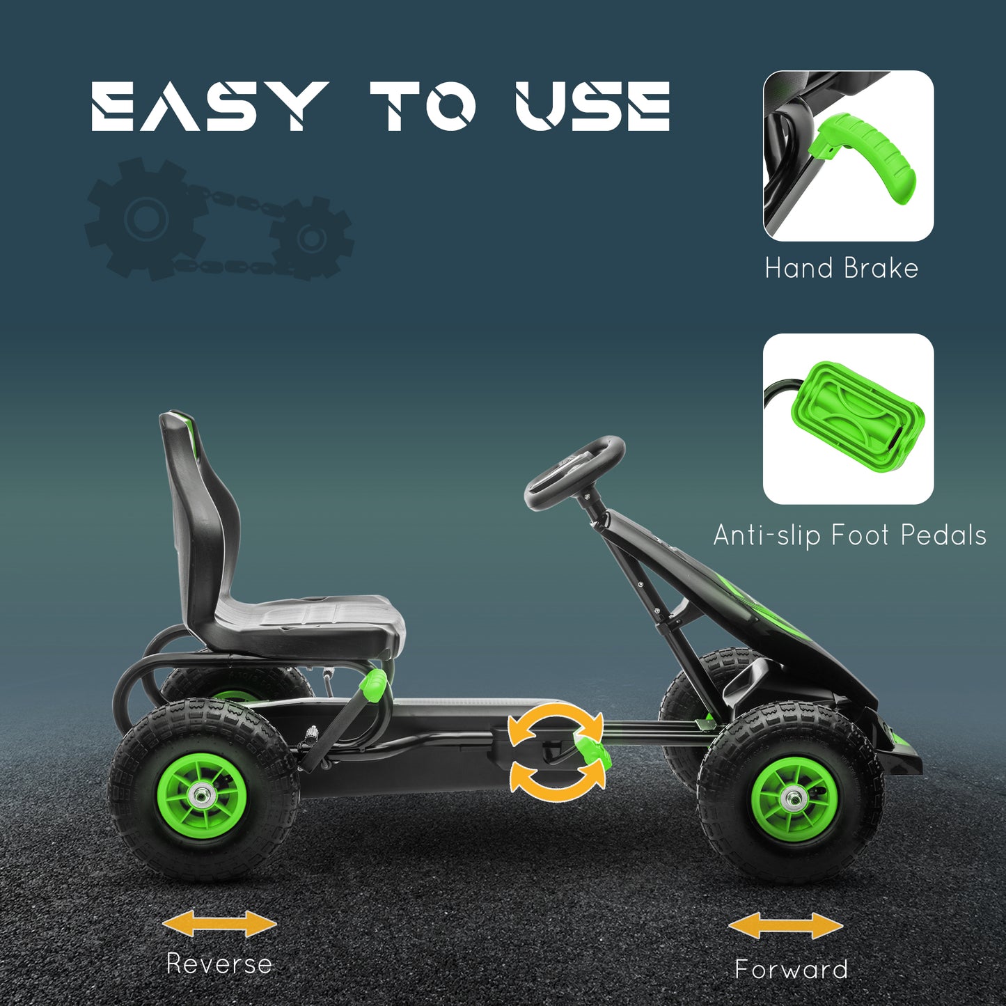 Children's Pedal Go Kart, Racing Go Cart with Adjustable Seat, Inflatable Tyre's, Shock Absorb, Handbrake, for Boys and Girls Ages 5-12, Green