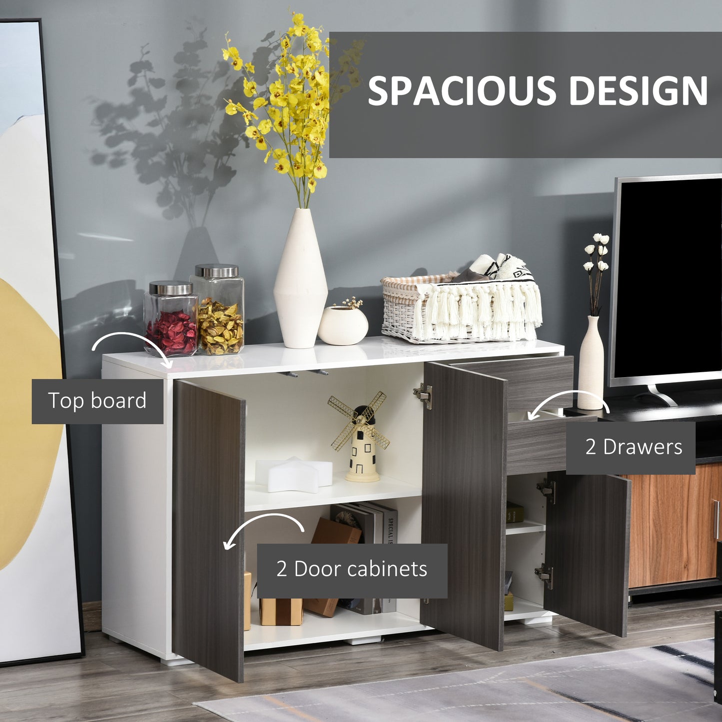 High Gloss Sideboard, Side Cabinet, Push-Open Design with 2 Drawer for Living Room, Bedroom, Light Grey and White