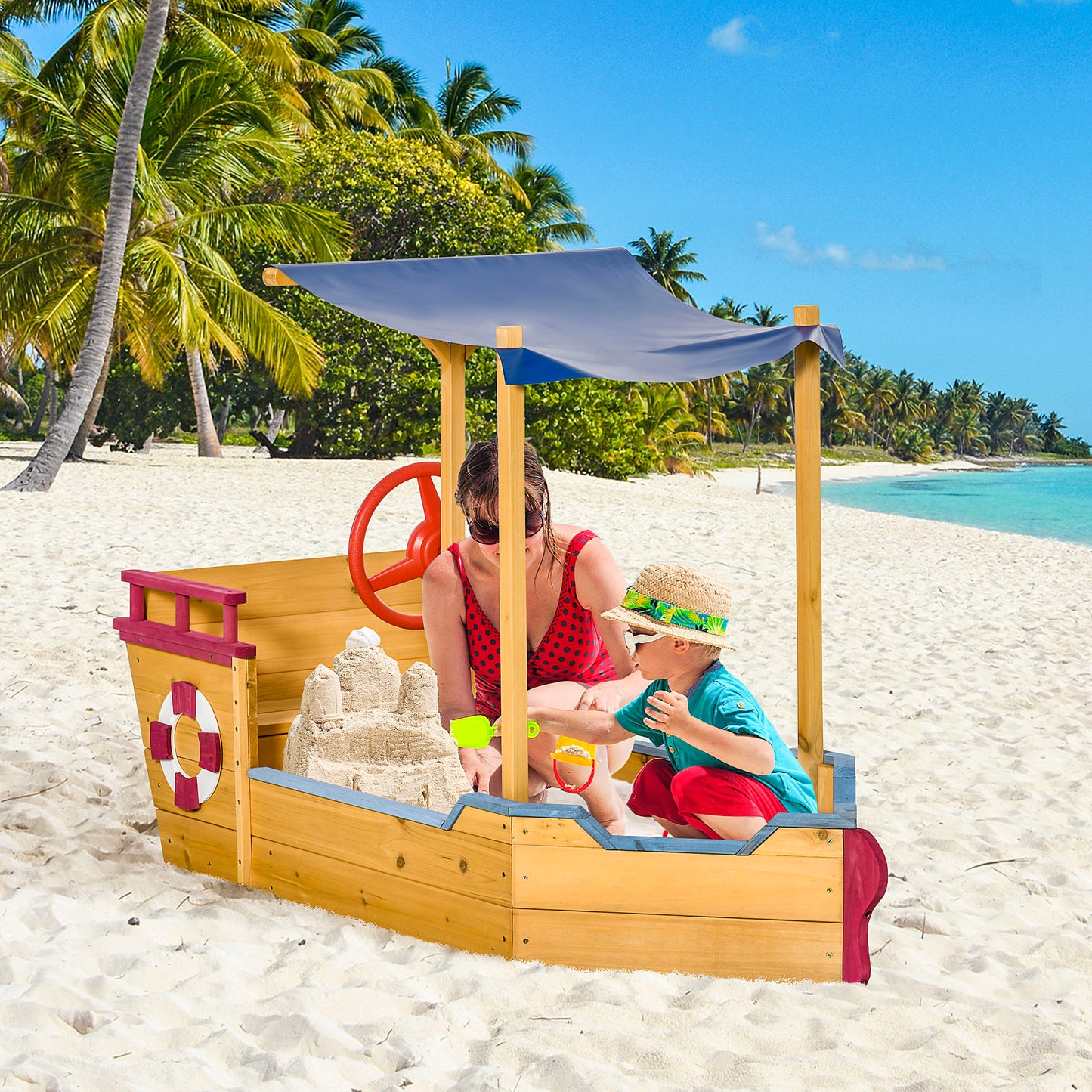 Outsunny Kids Wooden Sandbox Play Station, Covered Children Sand boat Outdoor, for Backyard, w/ Canopy Shade, Aged 3-8 Years Old, Orange