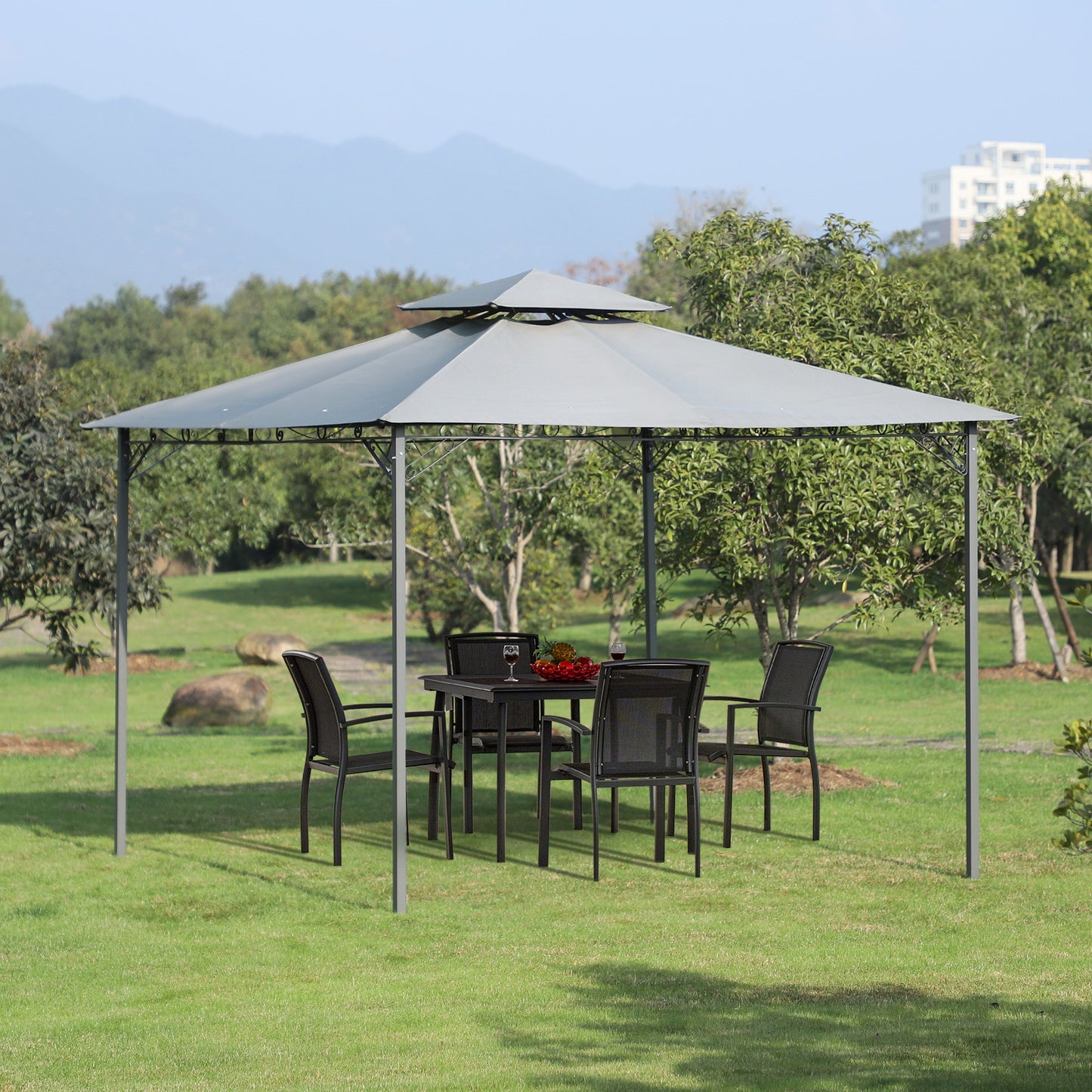 Outsunny 2-Tier Roof Gazebo, 300Lx300Wx264H cm, Steel Frame-Black / Grey