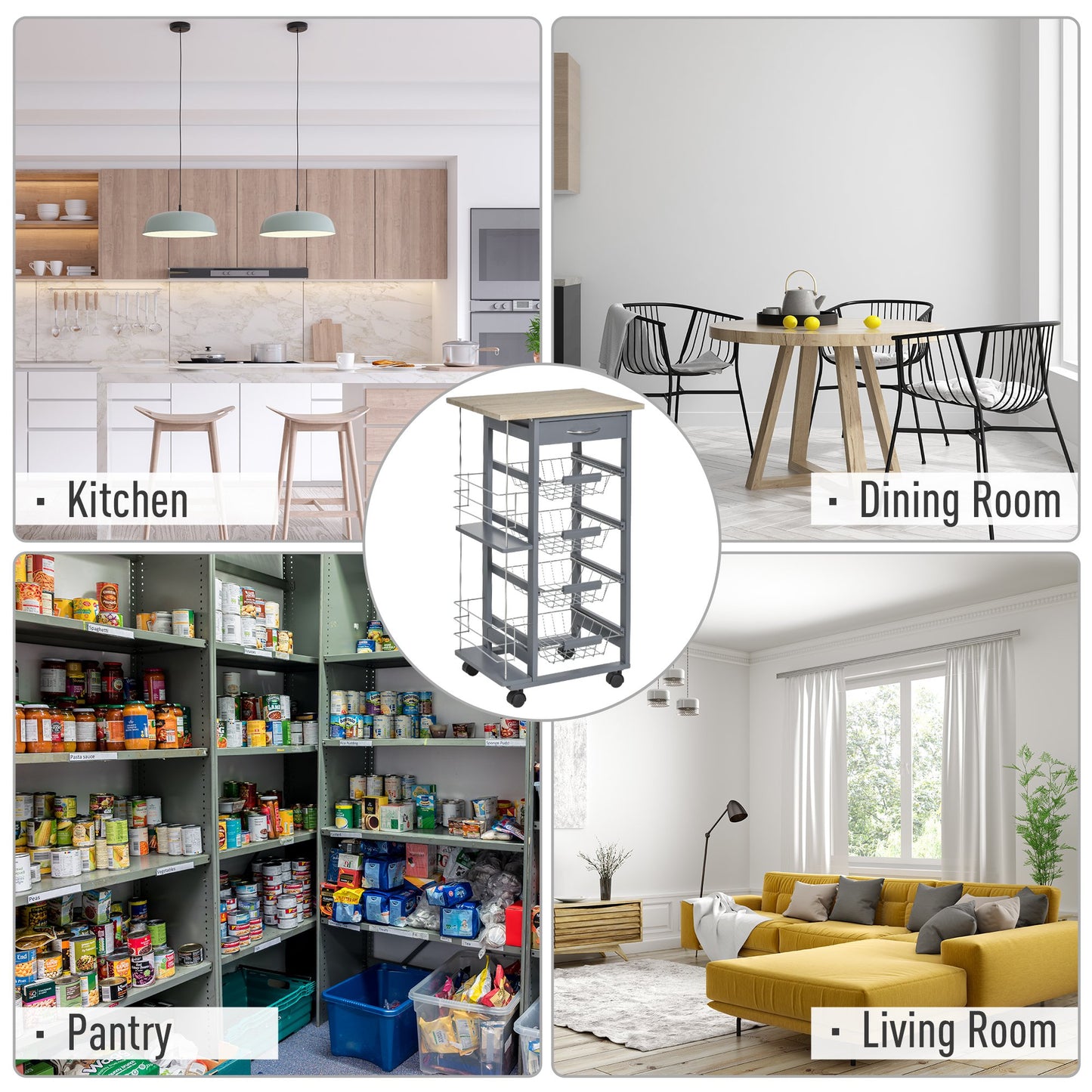 Kitchen Trolley, Multi-Use Kitchen Island w/ 4 Baskets 2 Side Racks 4 Wheels Food Storage Smooth Rolling Compact Furniture Dark Grey