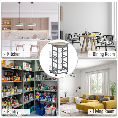 Kitchen Trolley, Multi-Use Kitchen Island w/ 4 Baskets 2 Side Racks 4 Wheels Food Storage Smooth Rolling Compact Furniture Dark Grey