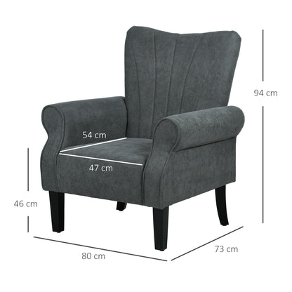 Retro Vintage Style Upholstered Accent Chair with High Back, Rolled Arms and Wood Legs, Soft Thick Padded Armchair, Grey