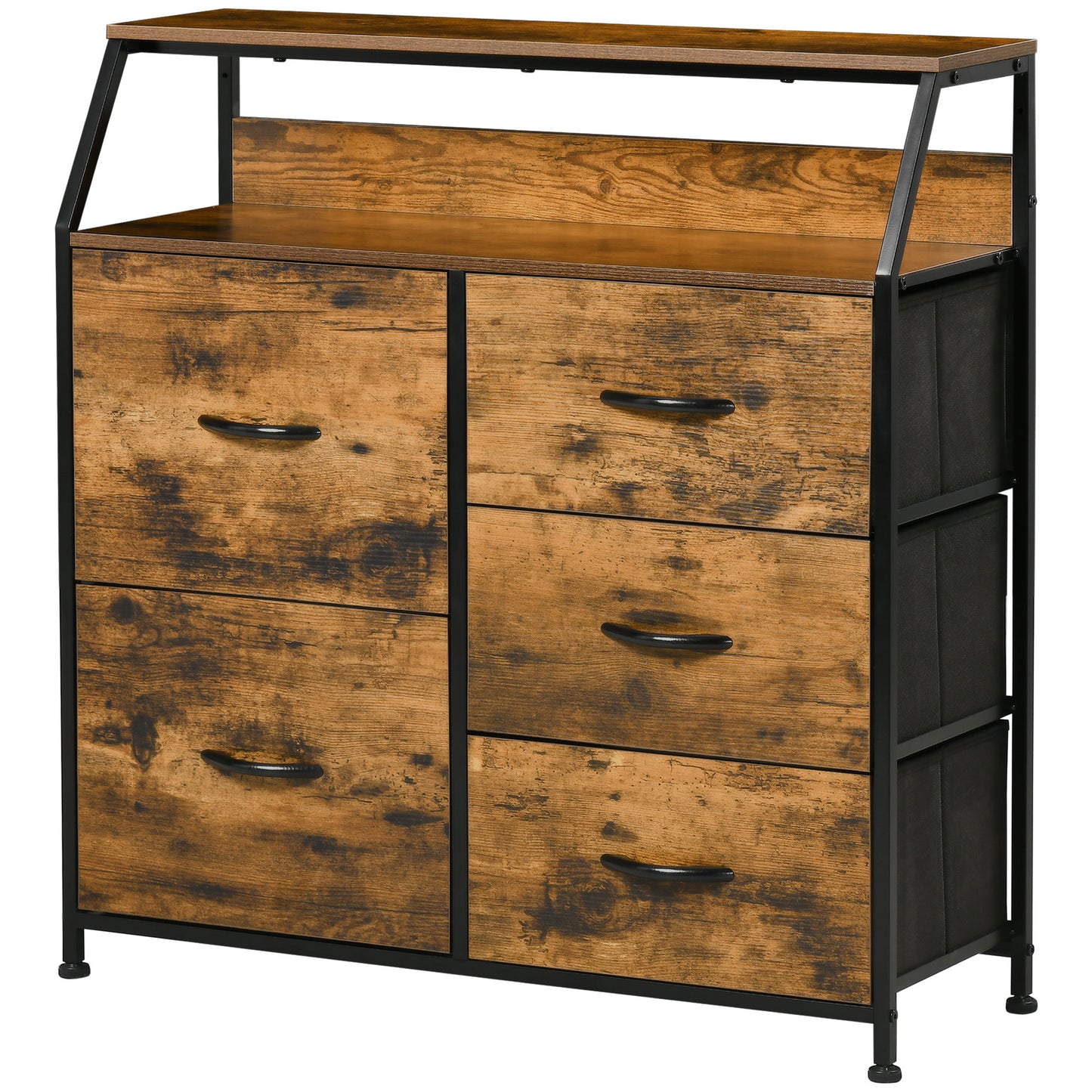 Chest of Drawers For Bedroom Industrial 5 Fabric Drawer Dresser with Open Shelf for Living Room, Rustic Brown