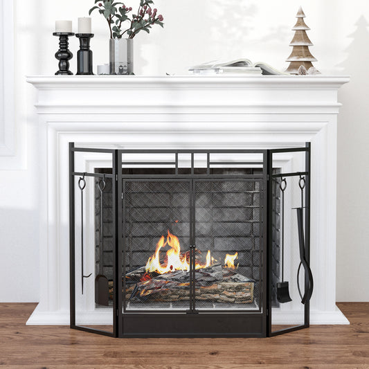 3 Panel Folding Fire Guard, Steel Fireplace Screen with Double Door and Mesh Design for Open Fire, 122W x 80H cm, Black