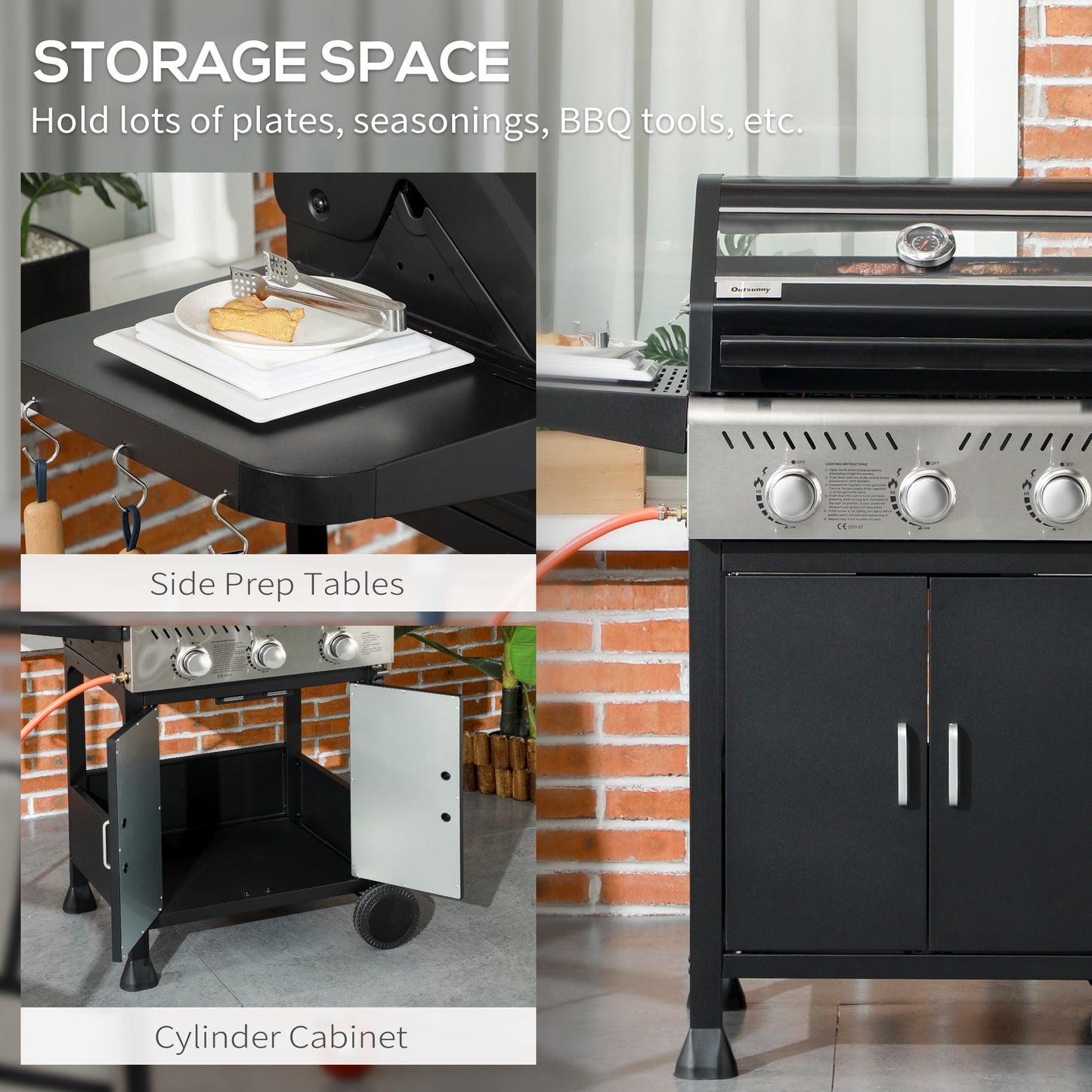 Outsunny 9 kW 3 Burner Gas BBQ Grill with See-through Lid, Black