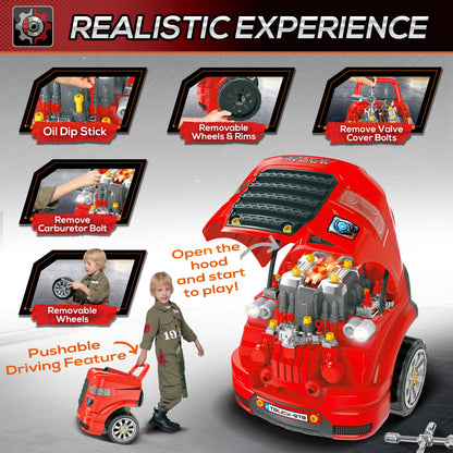 Kids Toy Truck Set, Toddler Educational Car Service Station Playset, Take Apart Workshop, w/ RC Car Key, Light, for 3-5 Years Old Red