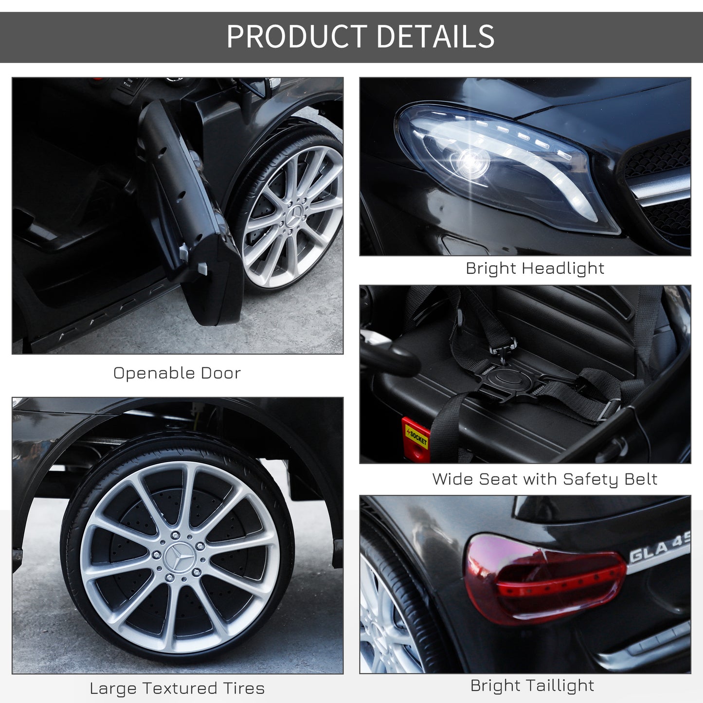 Children Ride On Car Mercedes Benz GLA Licensed 6V Battery Rechargeable Headlight Music Remote Control  High/Low Speed Toy Black