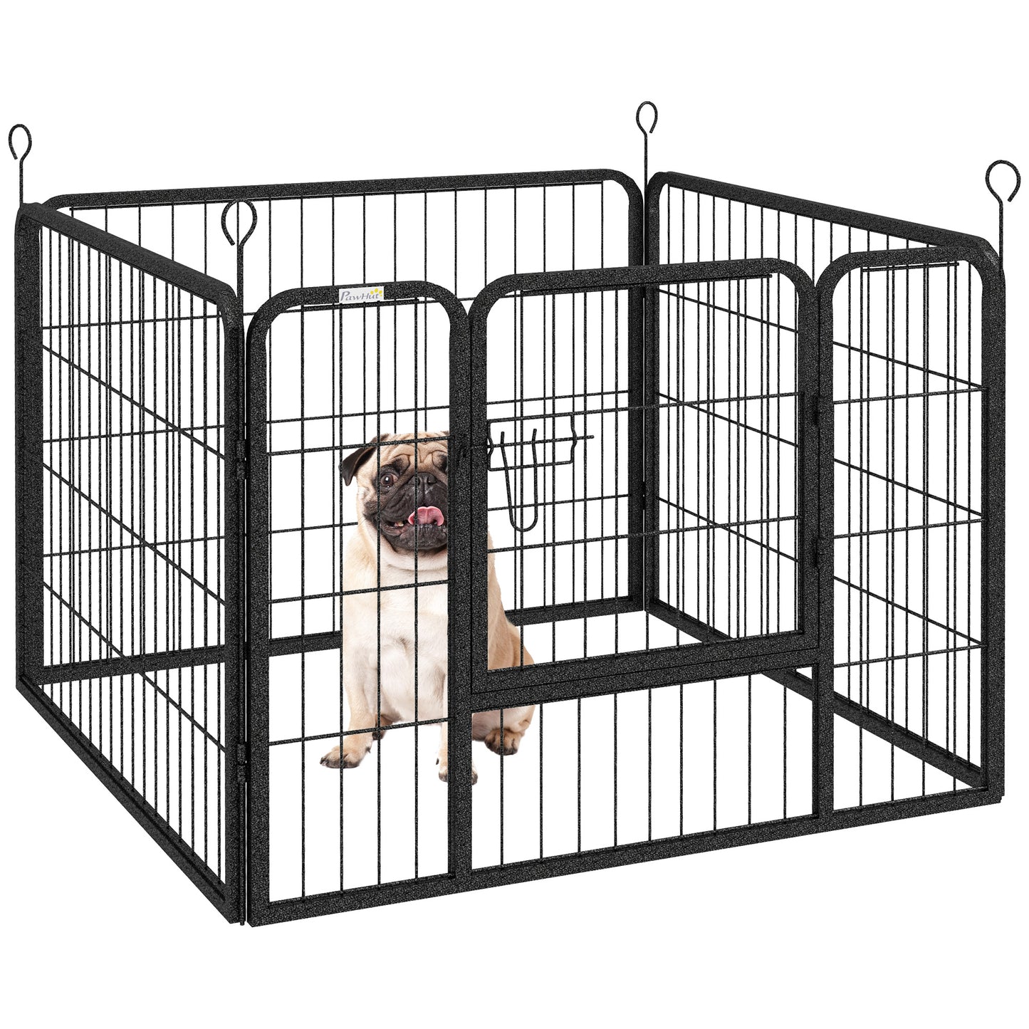 Pet Playpen | 4 Heavy-Duty Metal Panels | Lockable Step-Through Door | Ground Stakes | Foldable | Indoor & Outdoor | 82 x 82 x 60cm | Grey