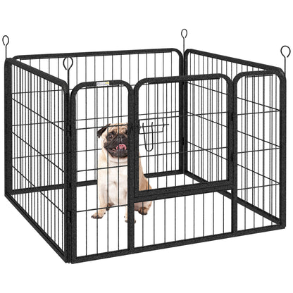 Pet Playpen | 4 Heavy-Duty Metal Panels | Lockable Step-Through Door | Ground Stakes | Foldable | Indoor & Outdoor | 82 x 82 x 60cm | Grey