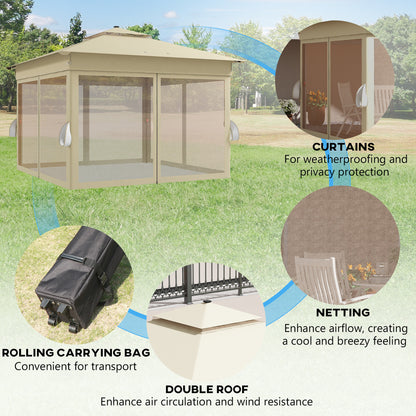 Outsunny 3 x 3(m) Pop Up Gazebo Party Tent with Solar-Powered LED Lights, Adjustable Event Shelter with Curtain, Netting, Khaki
