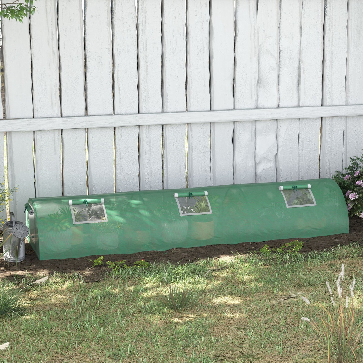 Outsunny PE Mini Greenhouse, 3m Portable Tunnel Green House with 5 Mesh Windows, Green Grow House Steel Frame for Indoor and Outdoor, Green