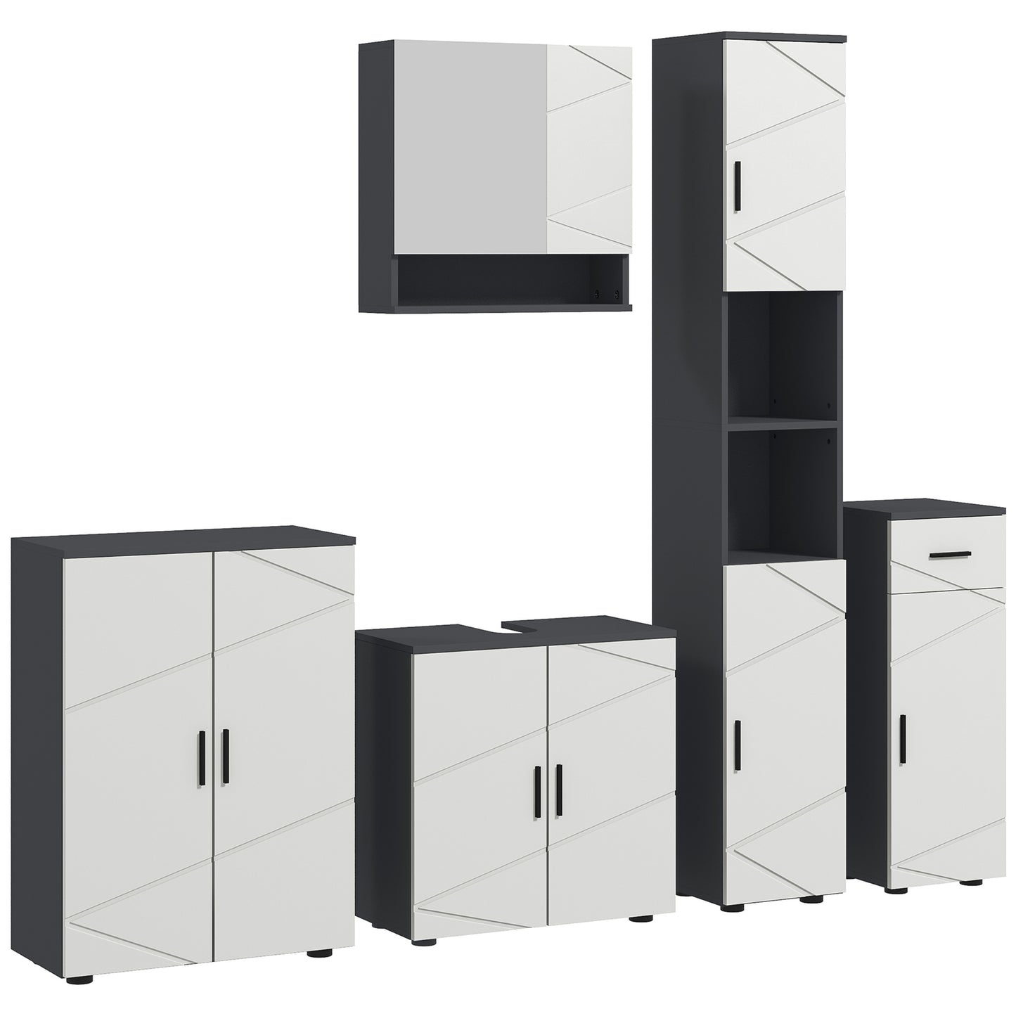 Kleankin 5-Piece Bathroom Storage Furniture Set, Cabinets With Doors And Shelves, Tall and Small Floor Cabinets, Wall-mounted Mirror Cabinet - Grey