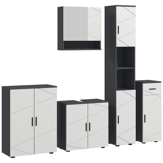 Kleankin 5-Piece Bathroom Storage Furniture Set, Cabinets With Doors And Shelves, Tall and Small Floor Cabinets, Wall-mounted Mirror Cabinet - Grey