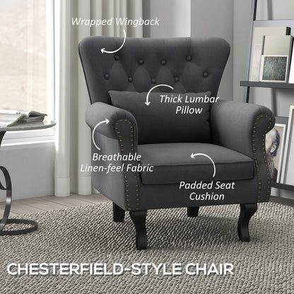 Chesterfield-style Accent Chair, Tufted Wingback Armchair with Pillow, Nailhead Trim for Living Room, Bedroom, Dark Grey