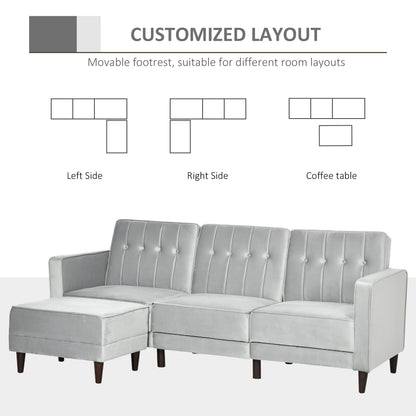 L Shape Sofa Bed Set with 3-Seater Sofa and Footstool, Corner Sofa Bed with Ottoman, Light Grey