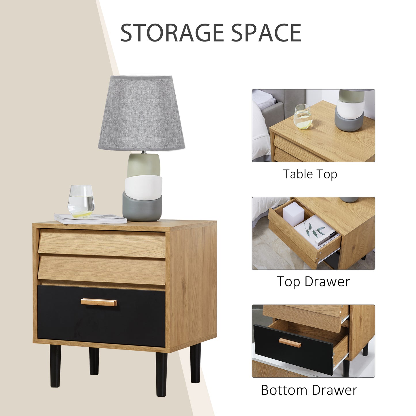 Bedside Table Cabinet Storage Chest with 2 Drawers Nordic Style for Bedroom Living Room Black