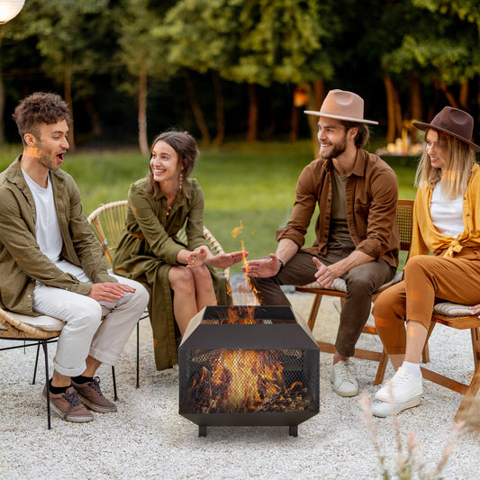 Outsunny Metal Square Fire Pit Outdoor Mesh Firepit Brazier w/ Lid, Log Grate, Poker for Backyard, Camping, Wood Burning Stove, 44 x 44 x 40cm, Black