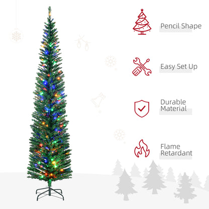 7.5' Artificial Prelit Christmas Trees Holiday Décor with Colourful LED Lights, Pencil Shape, Steel Base