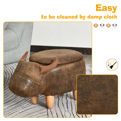 Animal footstool Buffalo Storage Stool Cute Kids Decoration Wood Frame Legs w/Padding Lid Ottoman Furniture Brown