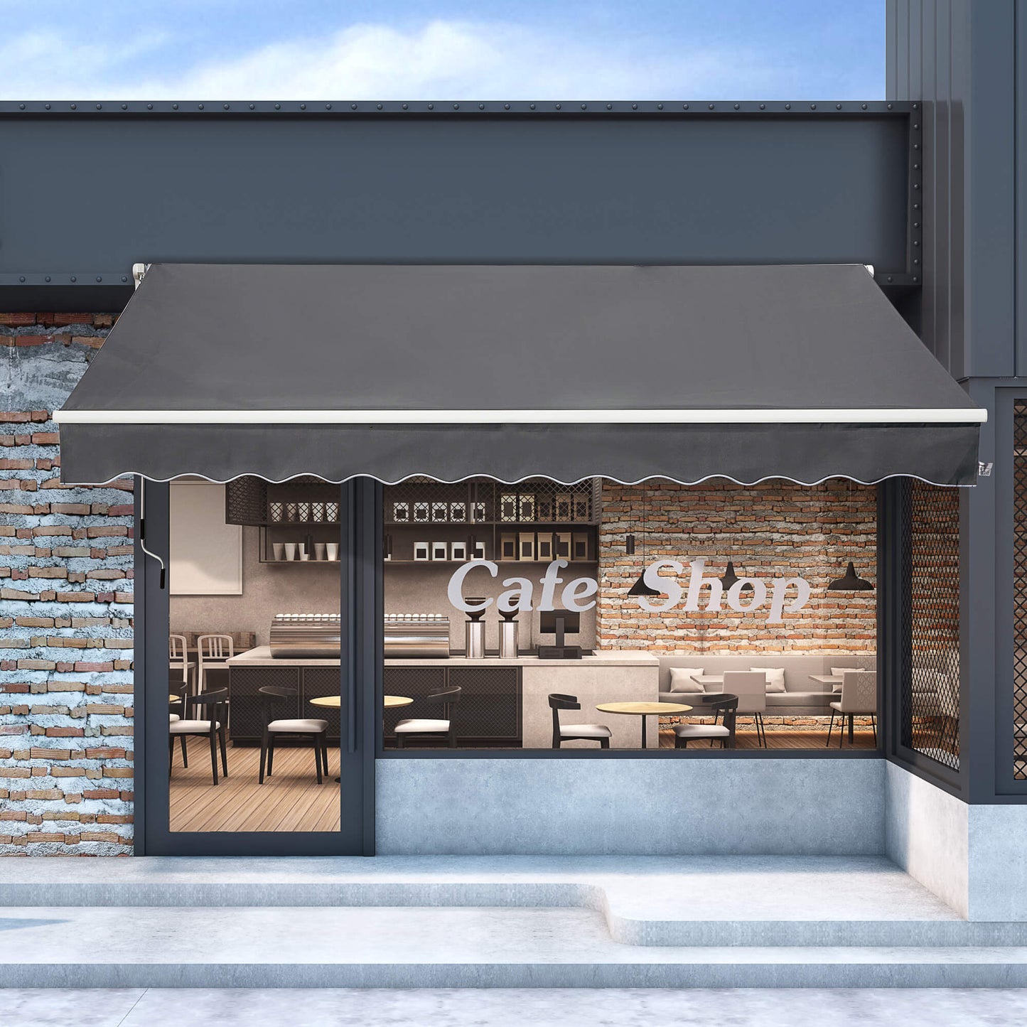 Outsunny 4x2.5m Retractable Manual Awning Window Door Sun Shade Canopy with Fittings and Crank Handle Grey