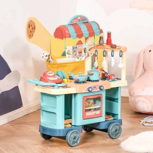 50 Pcs Kids Kitchen Play set Fast Food Trolley Cart Pretend Playset Toys with Play Food Money Cash Register Accessories Gift for Kids Age 3-6