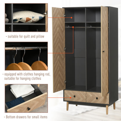 Modern Wardrobe Cabinet Wood Grain Sticker Surface with Shelf, Hanging Rod and 2 Drawers 90x50x190cm