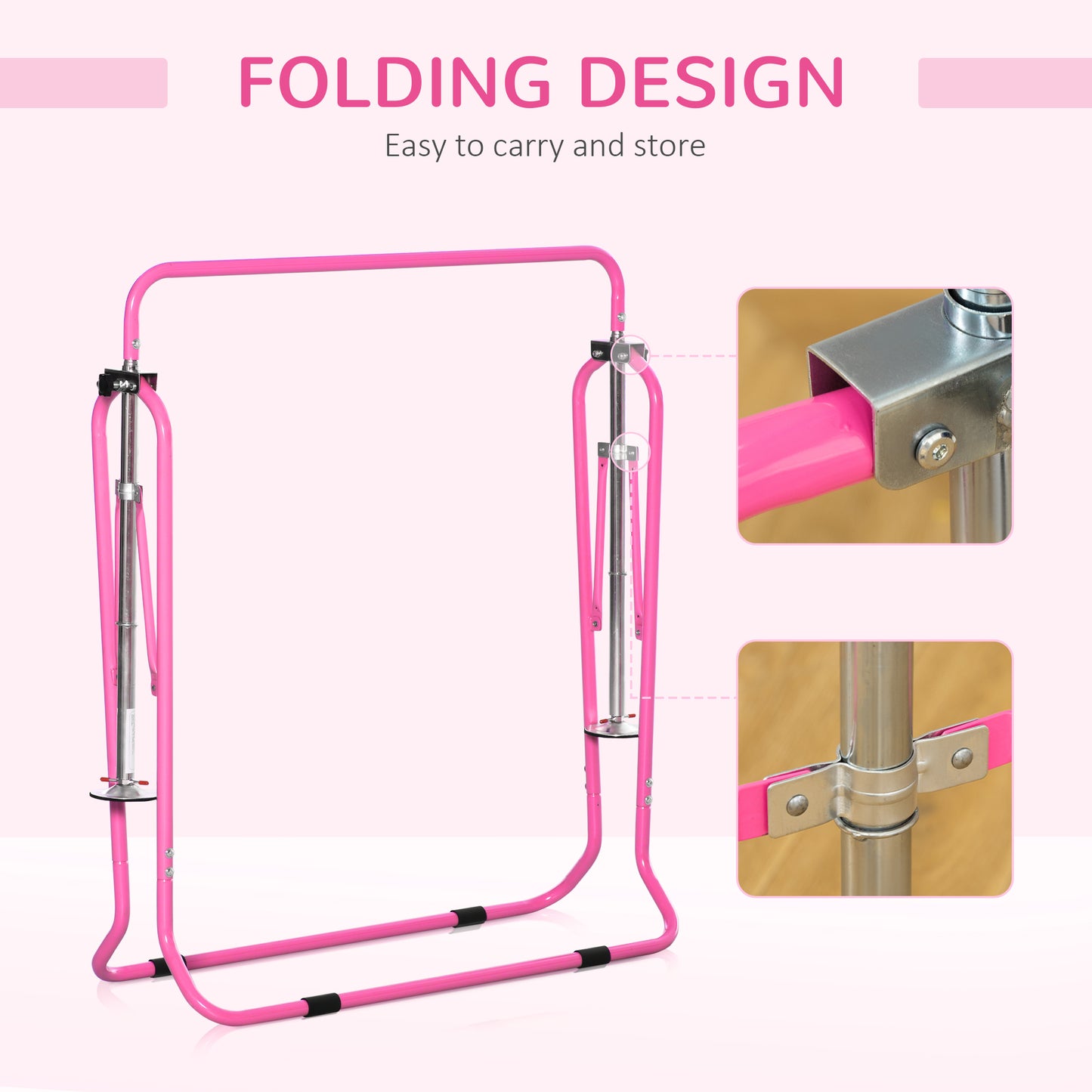 Gymnastics Bar for Kids, Folding Horizontal Bars with Adjustable Height, Training Bar with Triangle Base, Pink