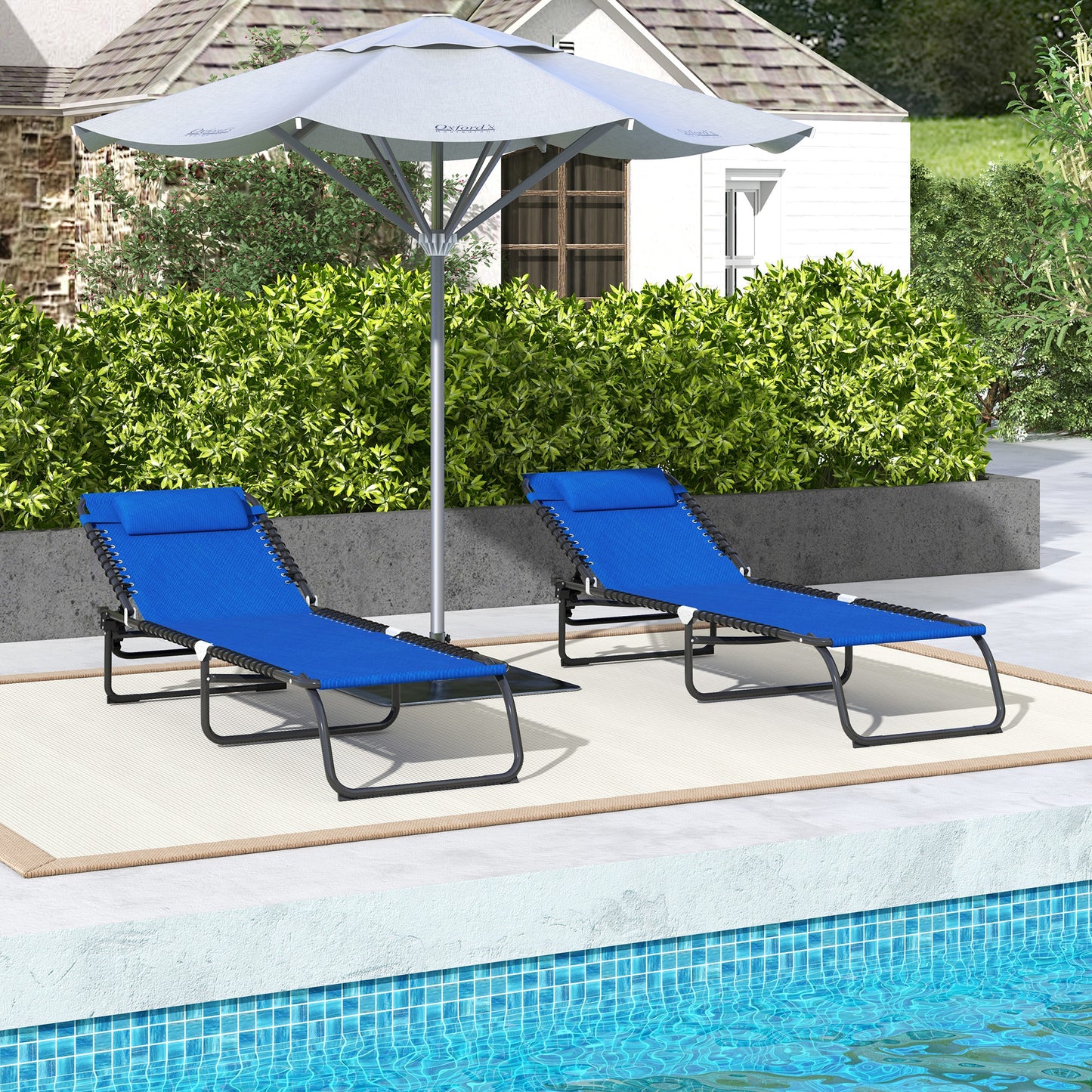 Outsunny Set Of 2 Folding Sun Lounger Beach Chaise Chair Garden Cot Camping Recliner with 4 Position Adjustable Blue