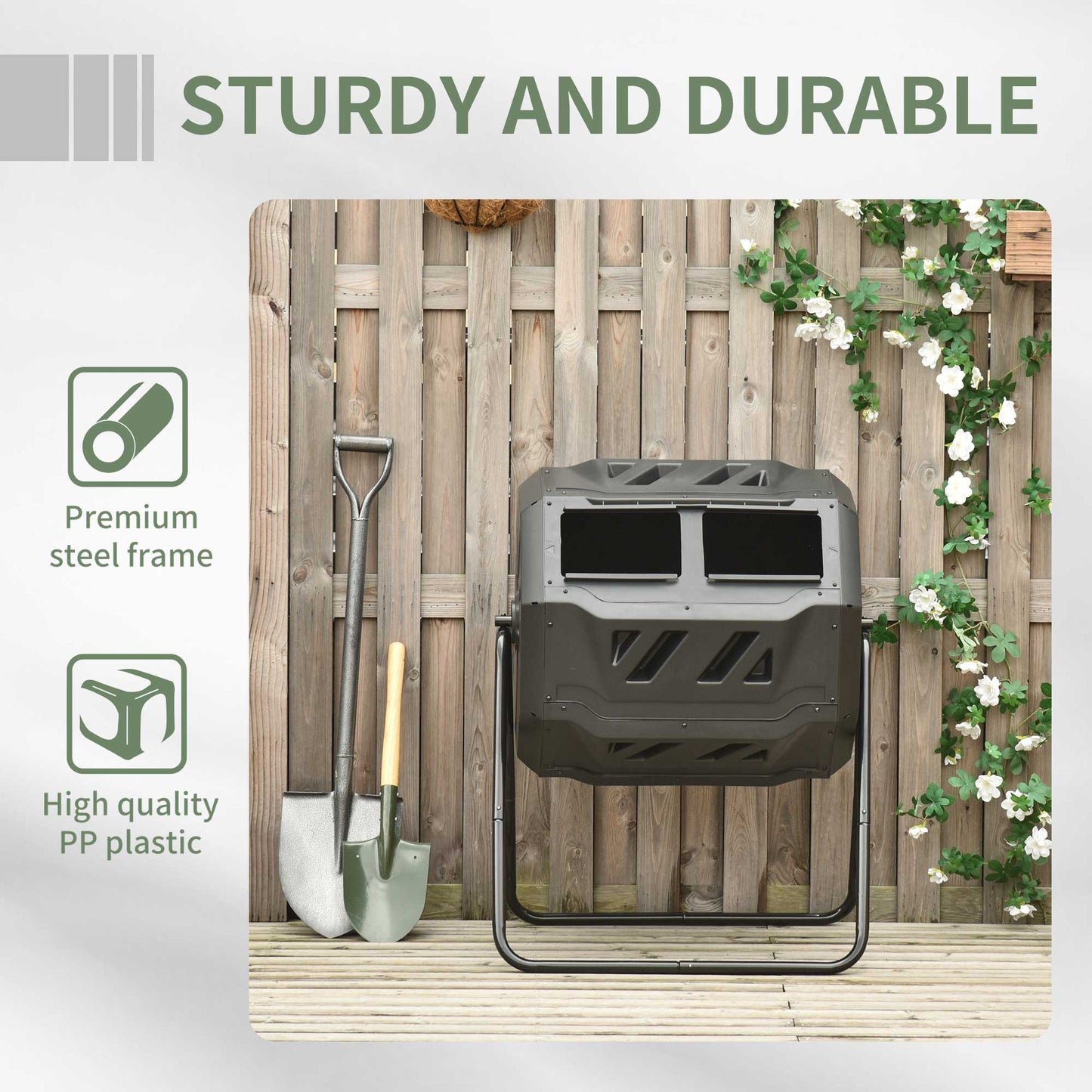 Outsunny 160L Tumbling Compost Bin Outdoor Dual Chamber 360° Rotating Composter w/ Sliding Doors & Solid Steel Frame, Black