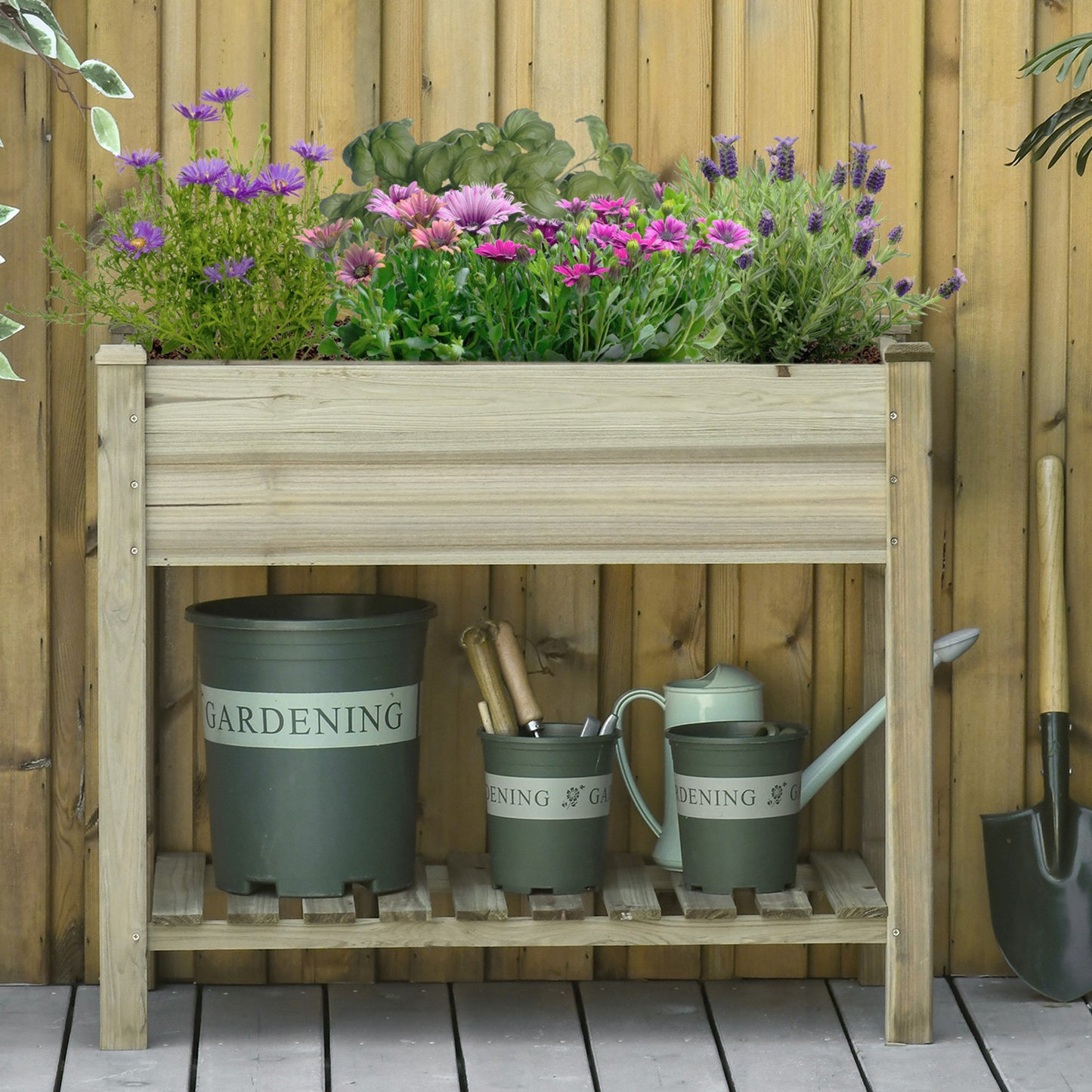 Garden Wooden Planters Raised Garden Bed with Legs and Storage Shelf, Gardening Standing Growing Bed Flower Boxes for Backyard, Balcony