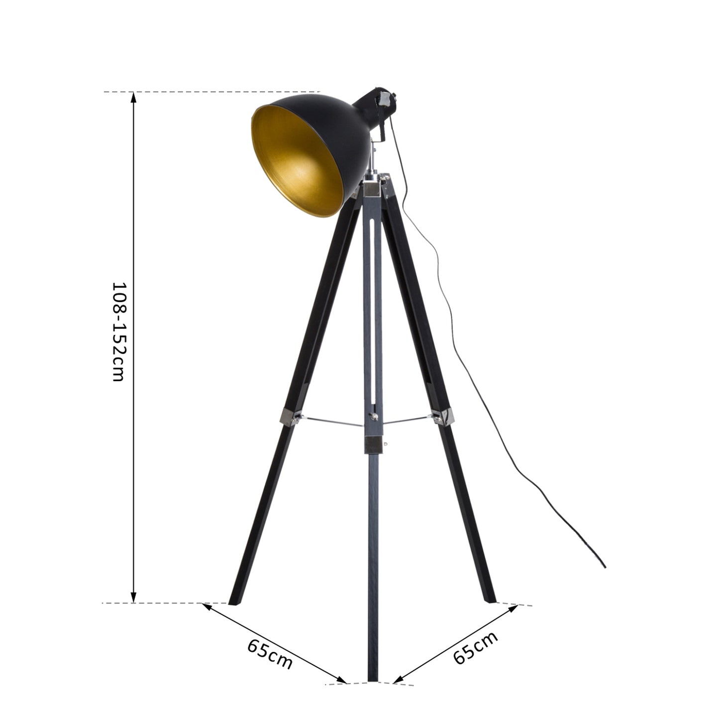 Industrial Floor Lamp for Living Room Tripod Spotlight Reading Lamp w/Wood Legs Metal Shade Adjustable Height Angle Black and Gold